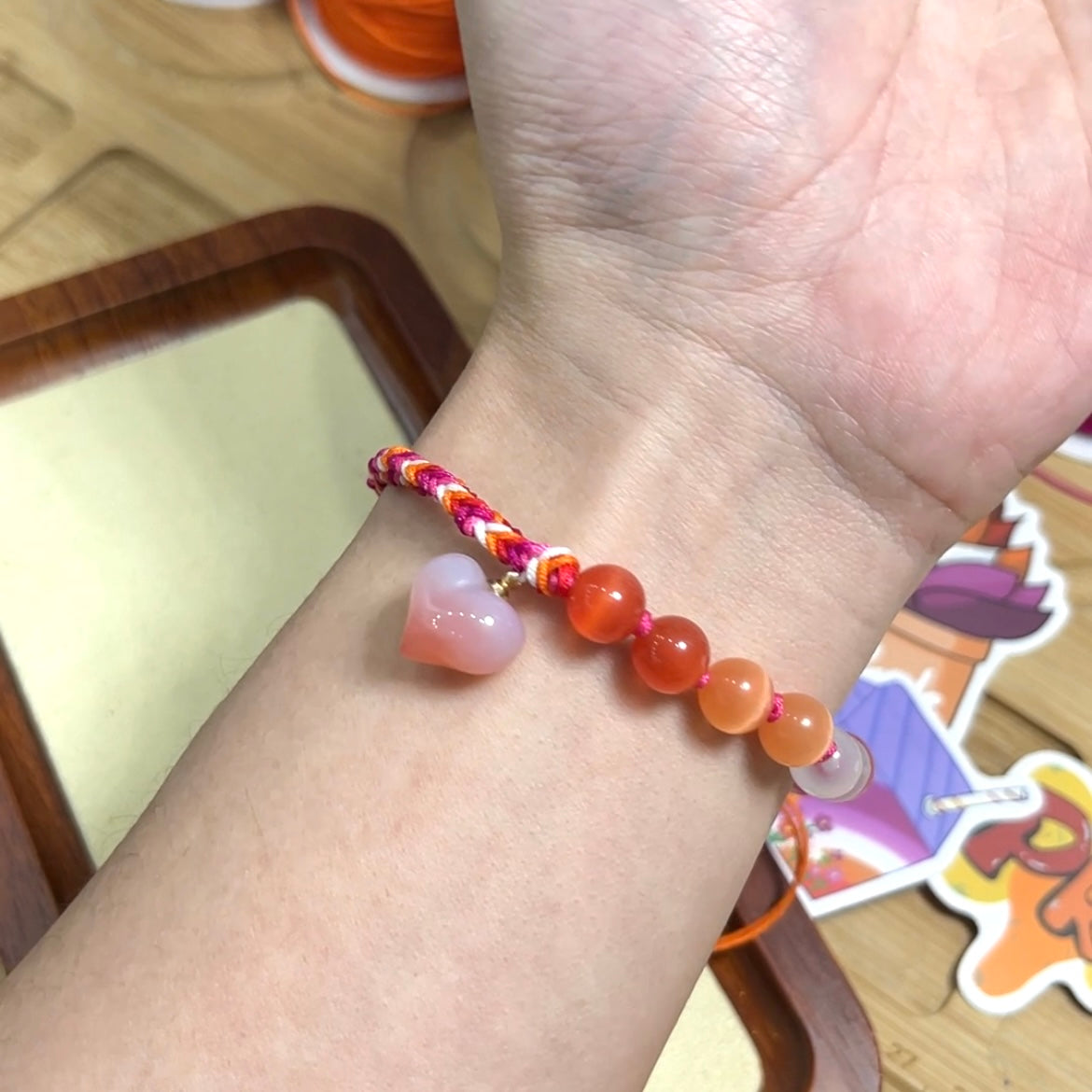 Pride Bracelet | Lesbian | Cat's Eye Glaze & Natural Agate Carved Heart