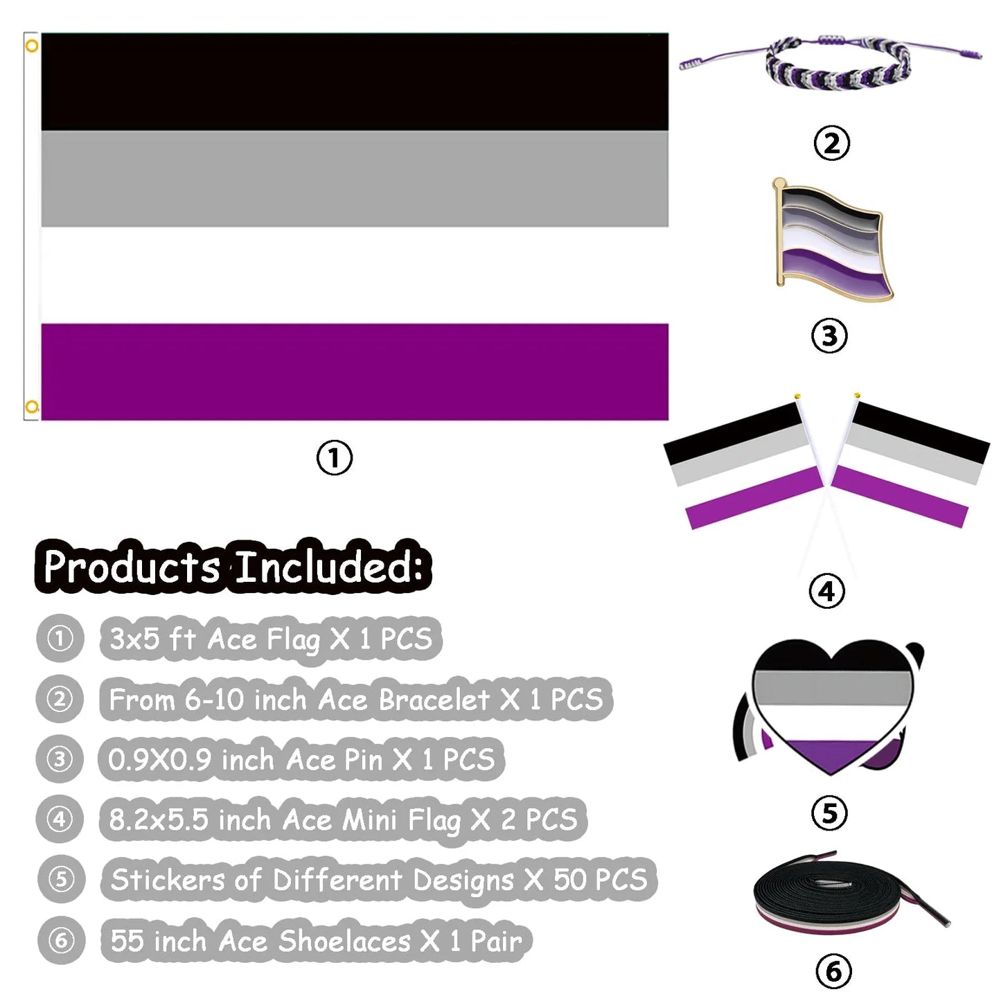 Great Value Bundle | ACE Pride | Includes: Flag, Bracelet, 50 Stickers, Pin, 2 Hand Flags, Shoelaces