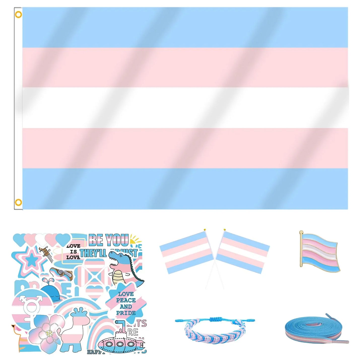 Great Value Bundle | Trans Pride | Includes: Flag, Bracelet, 50 Stickers, Pin, 2 Hand Flags, Shoelaces