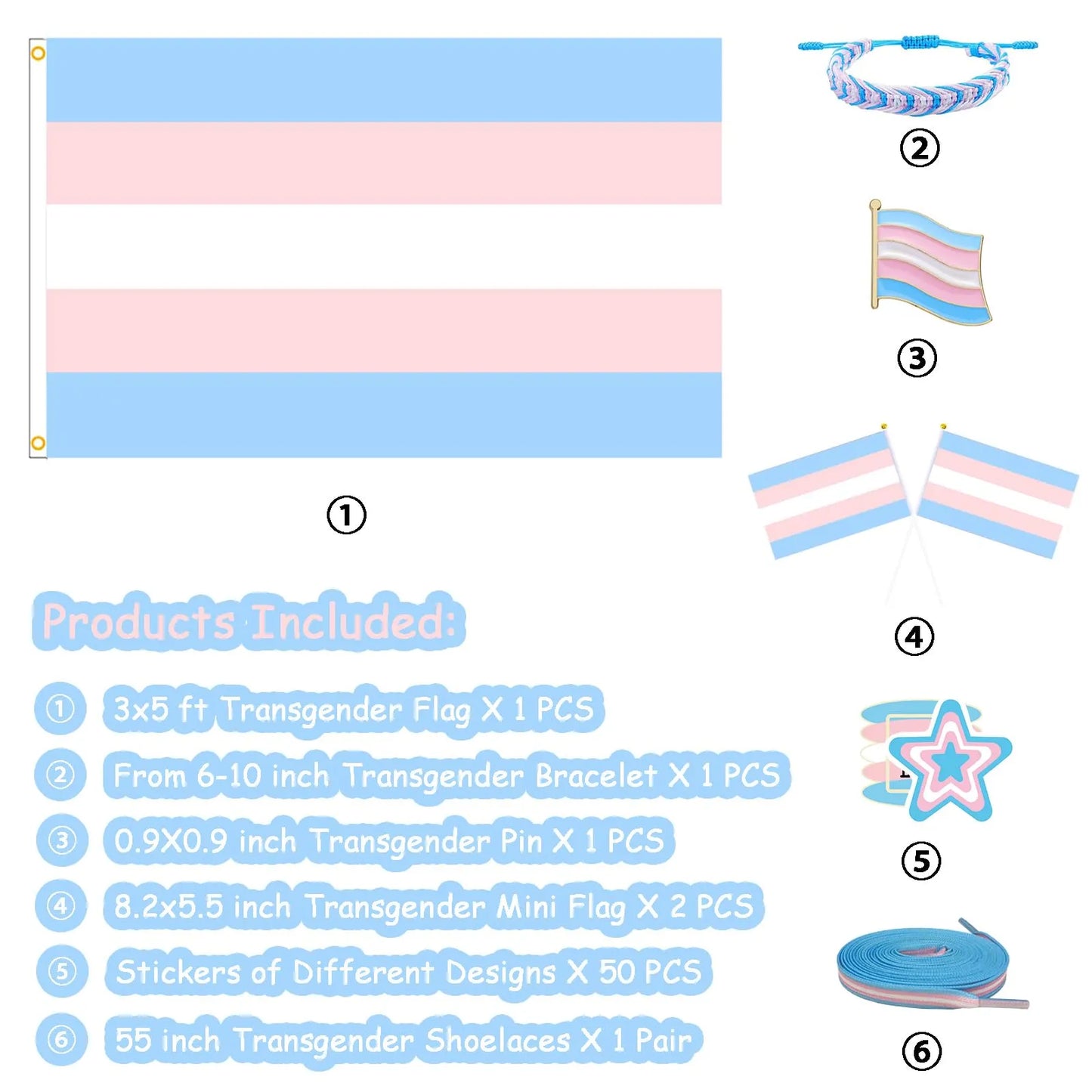 Great Value Bundle | Trans Pride | Includes: Flag, Bracelet, 50 Stickers, Pin, 2 Hand Flags, Shoelaces