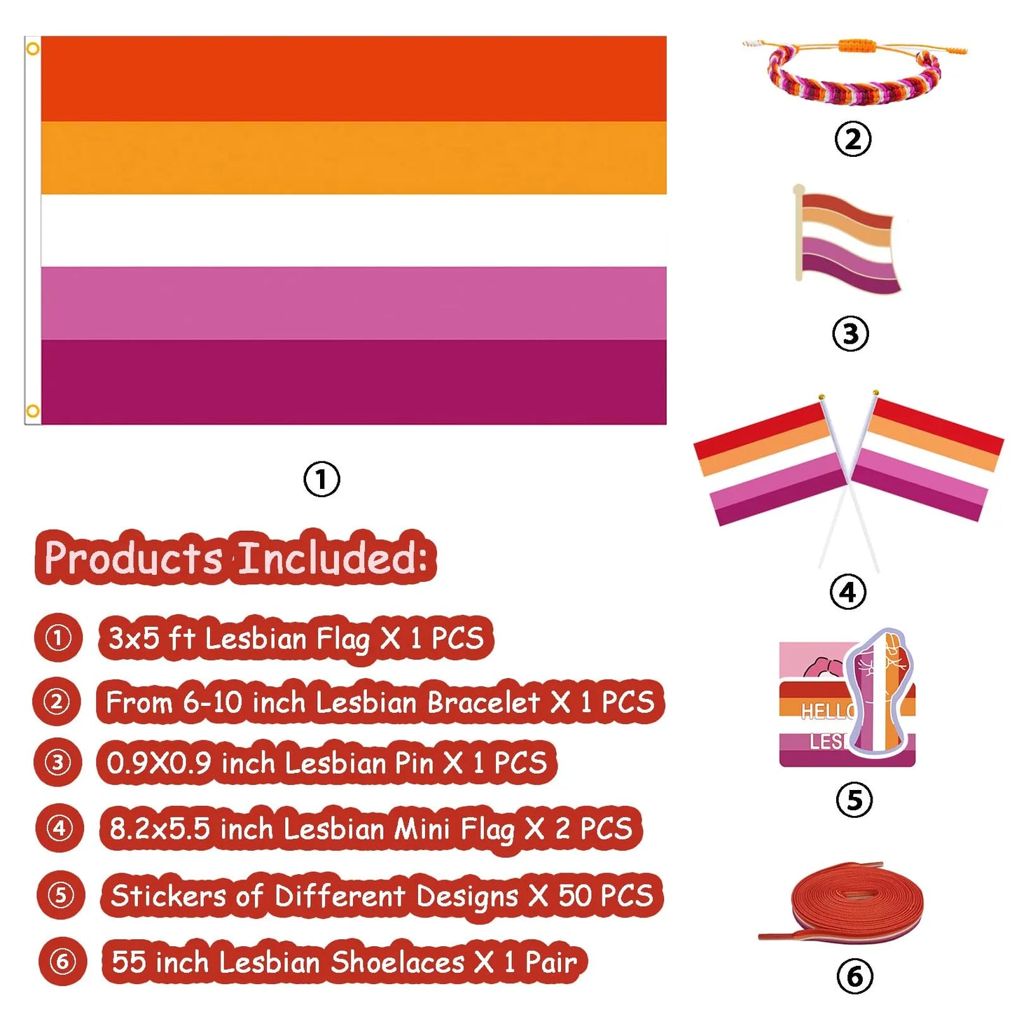 Great Value Bundle | WLW Lesbian Pride | Includes: Flag, Bracelet, 50 Stickers, Pin, 2 Hand Flags, Shoelaces