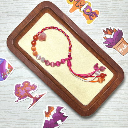 Pride Bracelet | Lesbian | Cat's Eye Glaze & Natural Agate Carved Heart