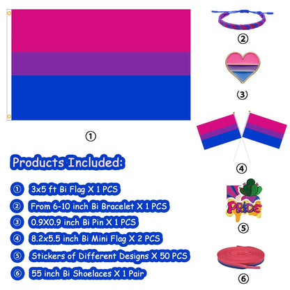 Great Value Bundle | BI Pride | Includes: Flag, Bracelet, 50 Stickers, Pin, 2 Hand Flags, Shoelaces