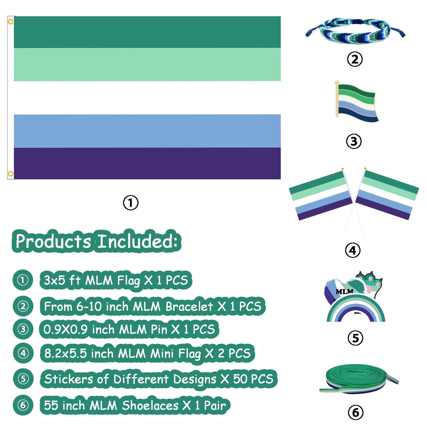 Great Value Bundle | MLM Pride | Includes: Flag, Bracelet, 50 Stickers, Pin, 2 Hand Flags, Shoelaces
