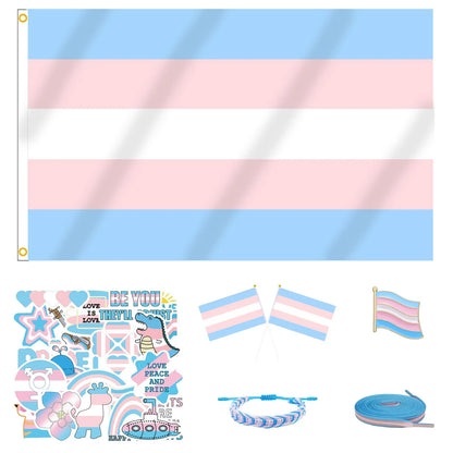Great Value Bundle | Trans Pride | Includes: Flag, Bracelet, 50 Stickers, Pin, 2 Hand Flags, Shoelaces