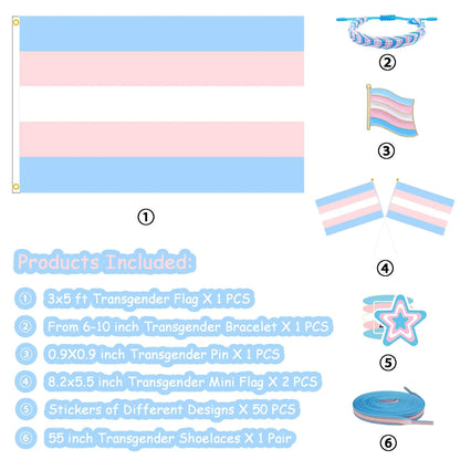 Great Value Bundle | Trans Pride | Includes: Flag, Bracelet, 50 Stickers, Pin, 2 Hand Flags, Shoelaces